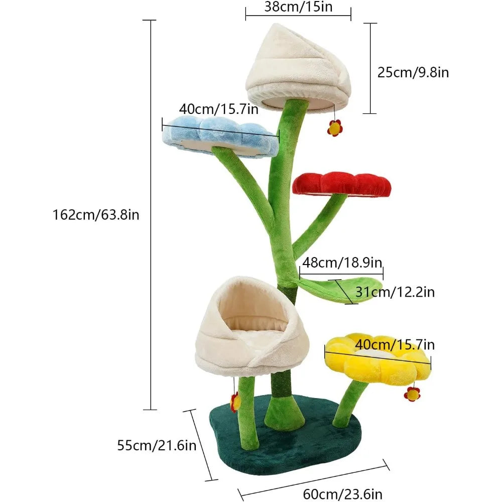 Flower Cat Tree, Cute Cat Tower with 3 Flower Platforms - 2 Nest, 6-Tiers Freestanding 63.8 InchTall Multi-Level Climbing Tree