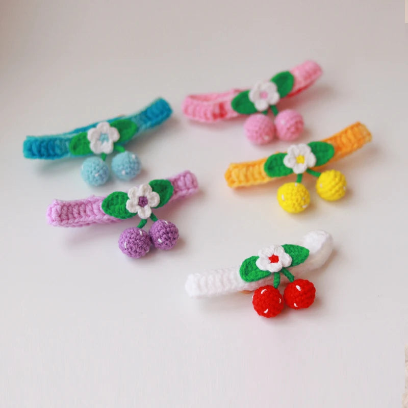 Hand-knitted Pet Dog Necklace Cat Scarf Pet Collar Cherry Bell Cat Bib Bichon Frise Pet Accessories