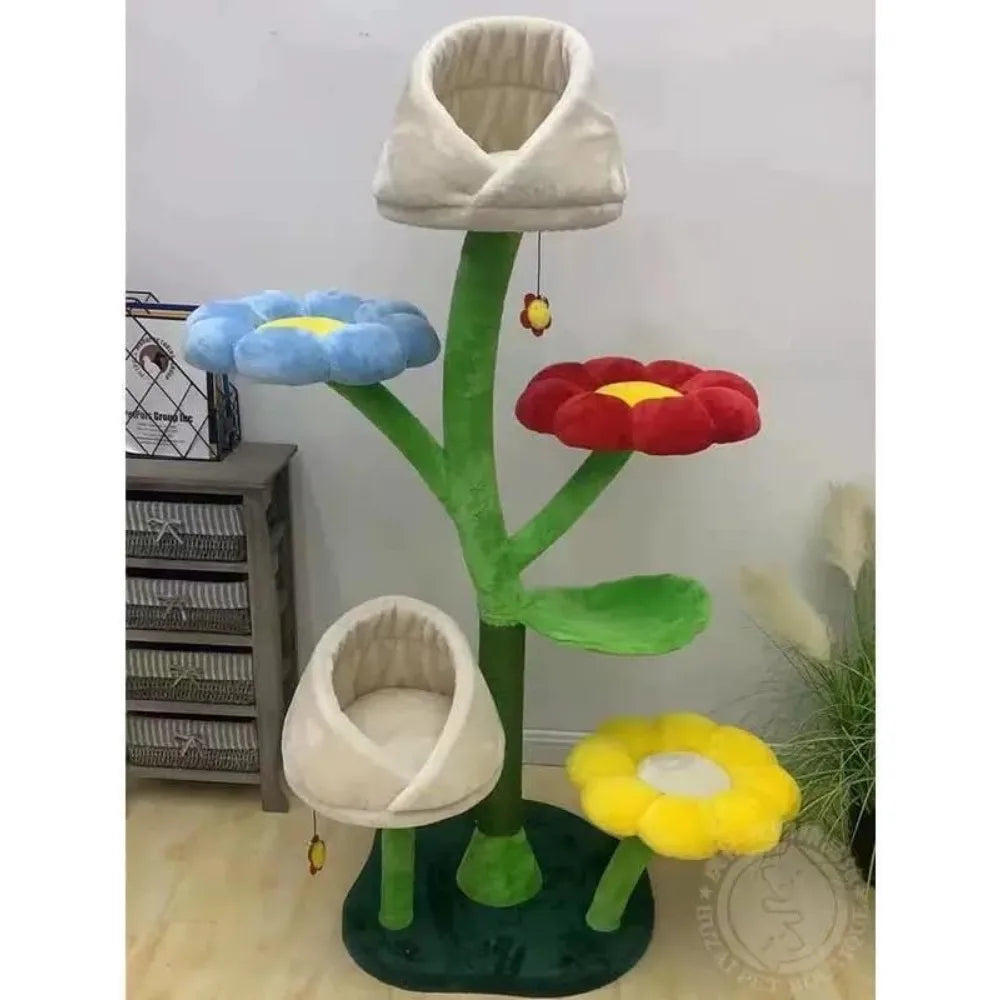 Flower Cat Tree, Cute Cat Tower with 3 Flower Platforms - 2 Nest, 6-Tiers Freestanding 63.8 InchTall Multi-Level Climbing Tree