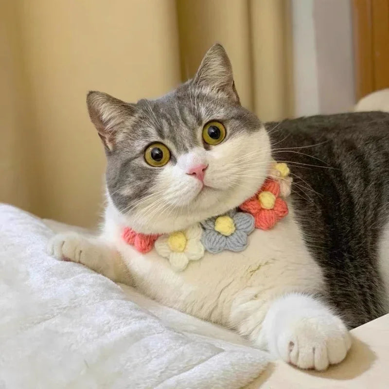 Cute Ins Style Cat Dog Knitted Collar Crochet Flowers Collar Pet Drool Scarf Bib Pet Necklace Accessories Pure Hand Knitting