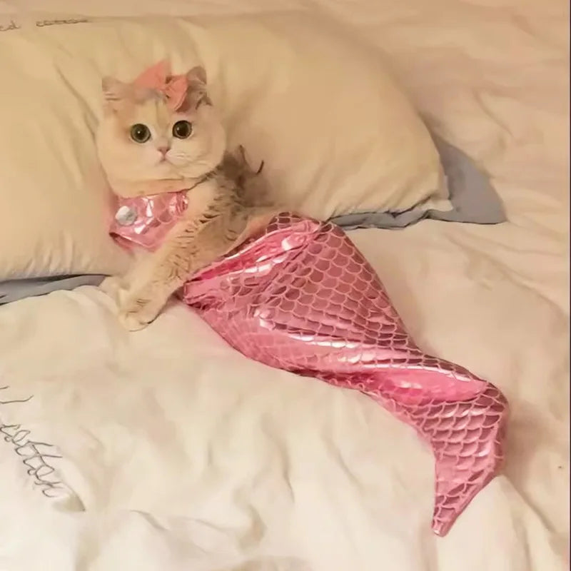 Decorative Cat Mermaid Crossdressing Polyester with Bow Headband Pet Fishtail Swimsuit Swimsuit Soft Pet Cosplay Costume