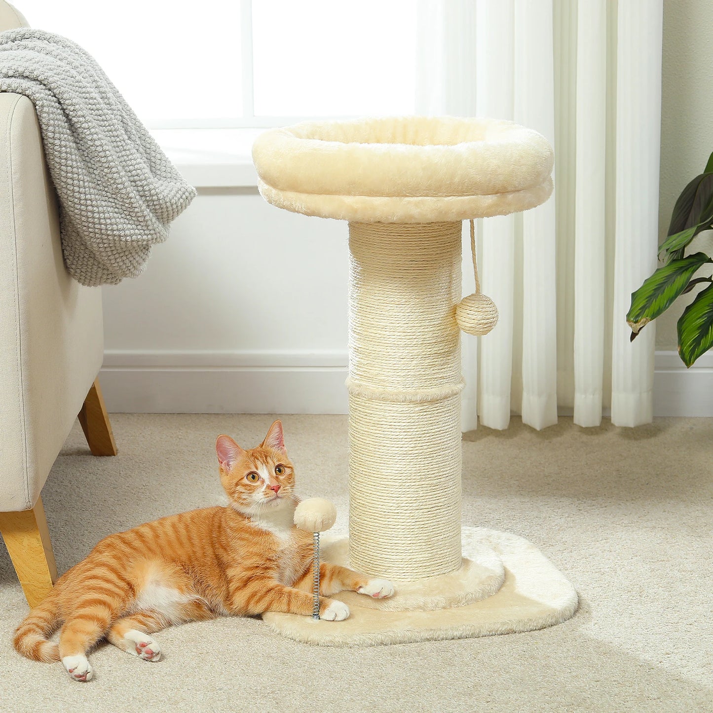 Small Cat Tree Flower Cat Scratching Post for Indoor with Super Thick Natural Sisal Post Pink Stable Removable Perch Mat Balls