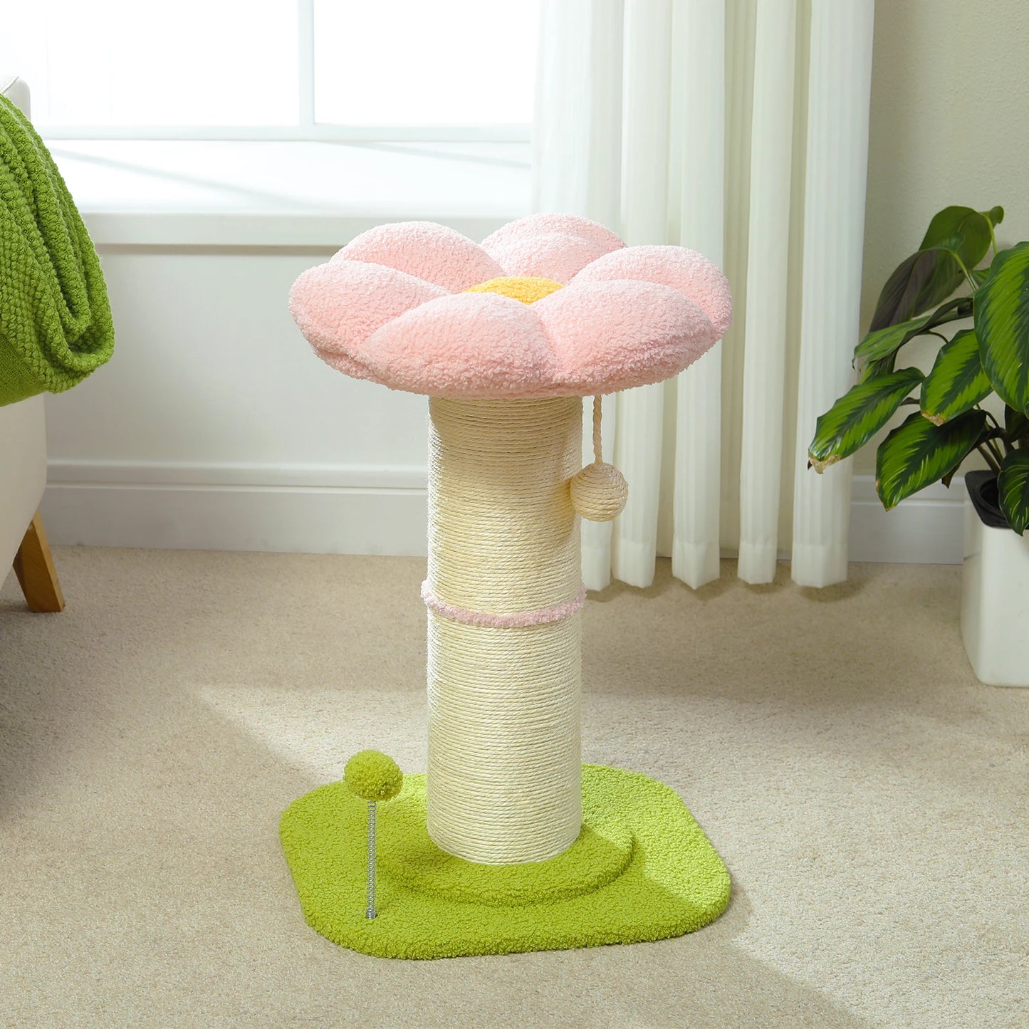 Small Cat Tree Flower Cat Scratching Post for Indoor with Super Thick Natural Sisal Post Pink Stable Removable Perch Mat Balls