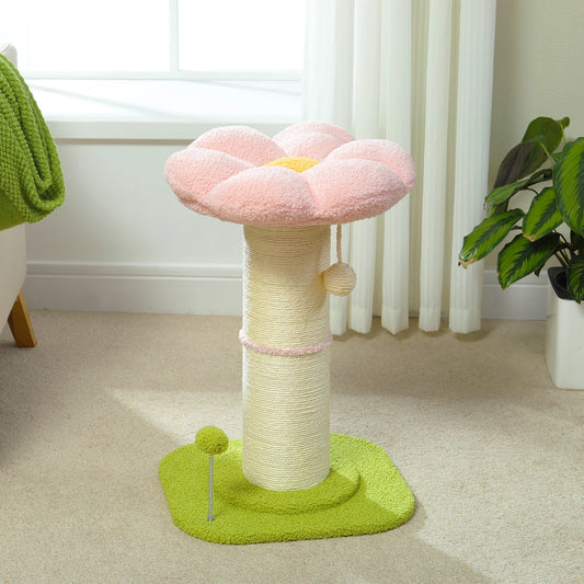 Small Cat Tree Flower Cat Scratching Post for Indoor with Super Thick Natural Sisal Post Pink Stable Removable Perch Mat Balls