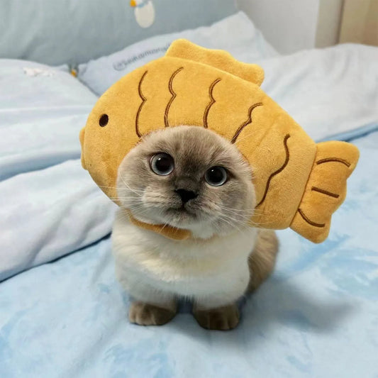 Cartoon Cat Hat Cute Fish Shape Pet Cat Costume Breathable Headdress Hat Cat Pet Headgear Plush Fun Hat Toy Accessories