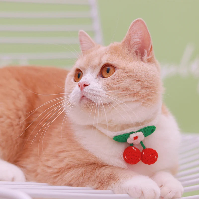 Hand-knitted Pet Dog Necklace Cat Scarf Pet Collar Cherry Bell Cat Bib Bichon Frise Pet Accessories