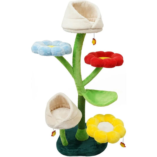 Flower Cat Tree, Cute Cat Tower with 3 Flower Platforms - 2 Nest, 6-Tiers Freestanding 63.8 InchTall Multi-Level Climbing Tree